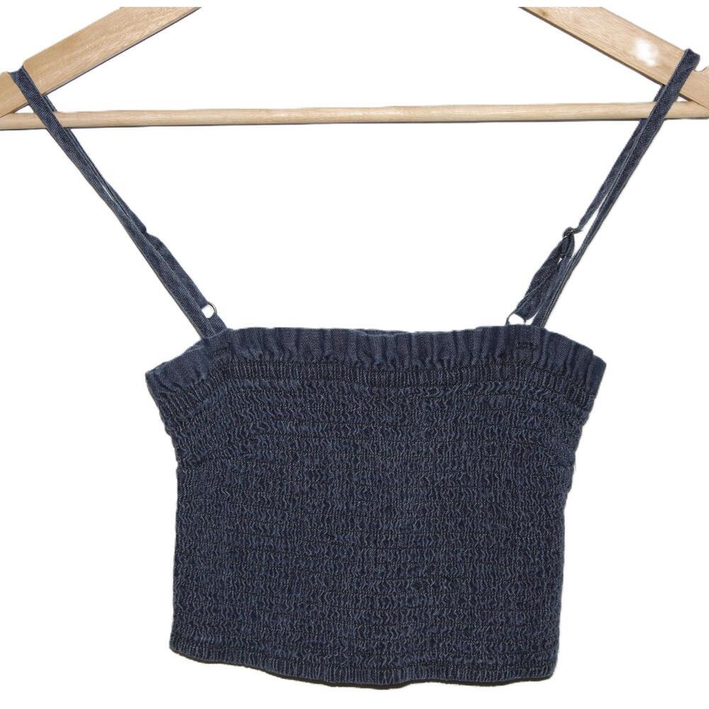 Abercrombie & Fitch Navy Blue Denim Chambray Smocked Knit Cropped Tank Top Sz XS